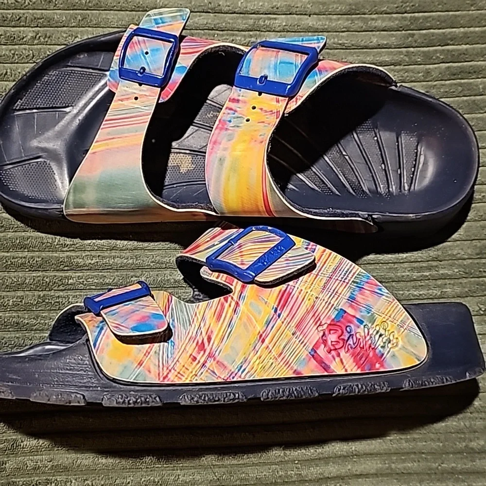 Birkenstock Multicolor Swirl Pattern Arizona Sandals with Blue Buckles - Picture 1 of 9